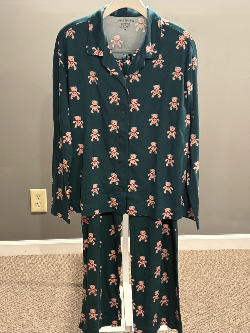 Vera Bradley Teal Pajama Set with Pink Teddy Bear Print